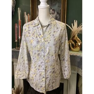 Alfred Dunner Metallic Animal Print Blouse Yellow Grey Cinched Back Size 10